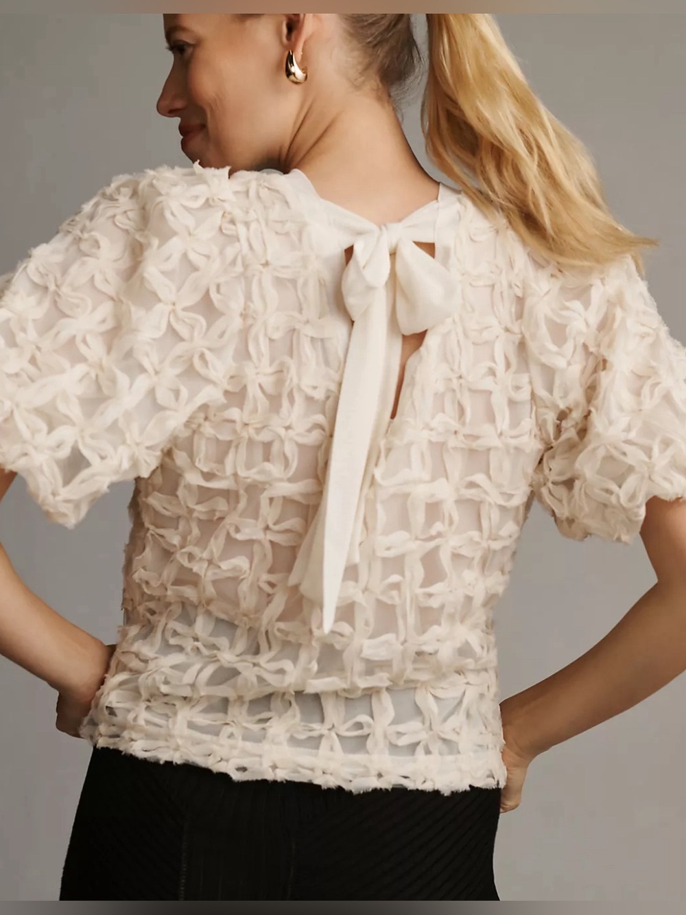 Anthropologie Sarah Hann Cream Textured Bow-Back Sheer Top, Size MP